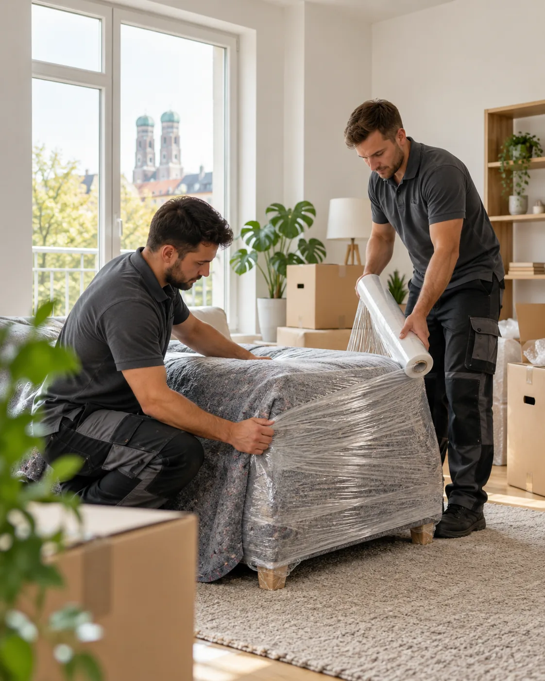 Zwei Umzugshelfer verpacken ein Möbelstück mit einer Schutzdecke und Stretchfolie