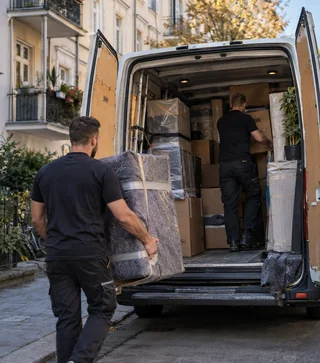 Zwei Umzugshelfer laden verpackte Möbel und Kartons in einen geöffneten weißen Transporter