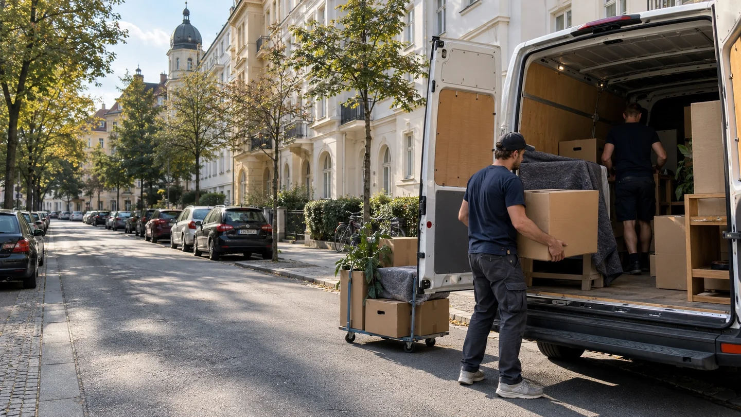 Umzugshelfer laden Kartons und Möbel in einen geöffneten Transporter
